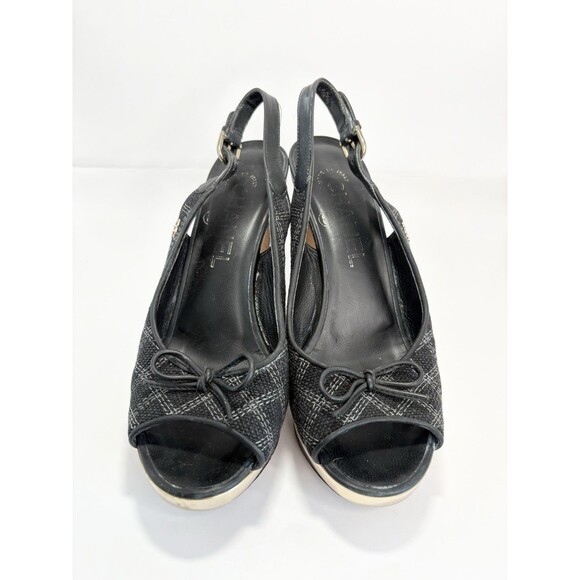 Chanel Black Checkered Embroidered Canvas Peep Toe Platform Slingbacks Sz EU 35C - Picture 4 of 16
